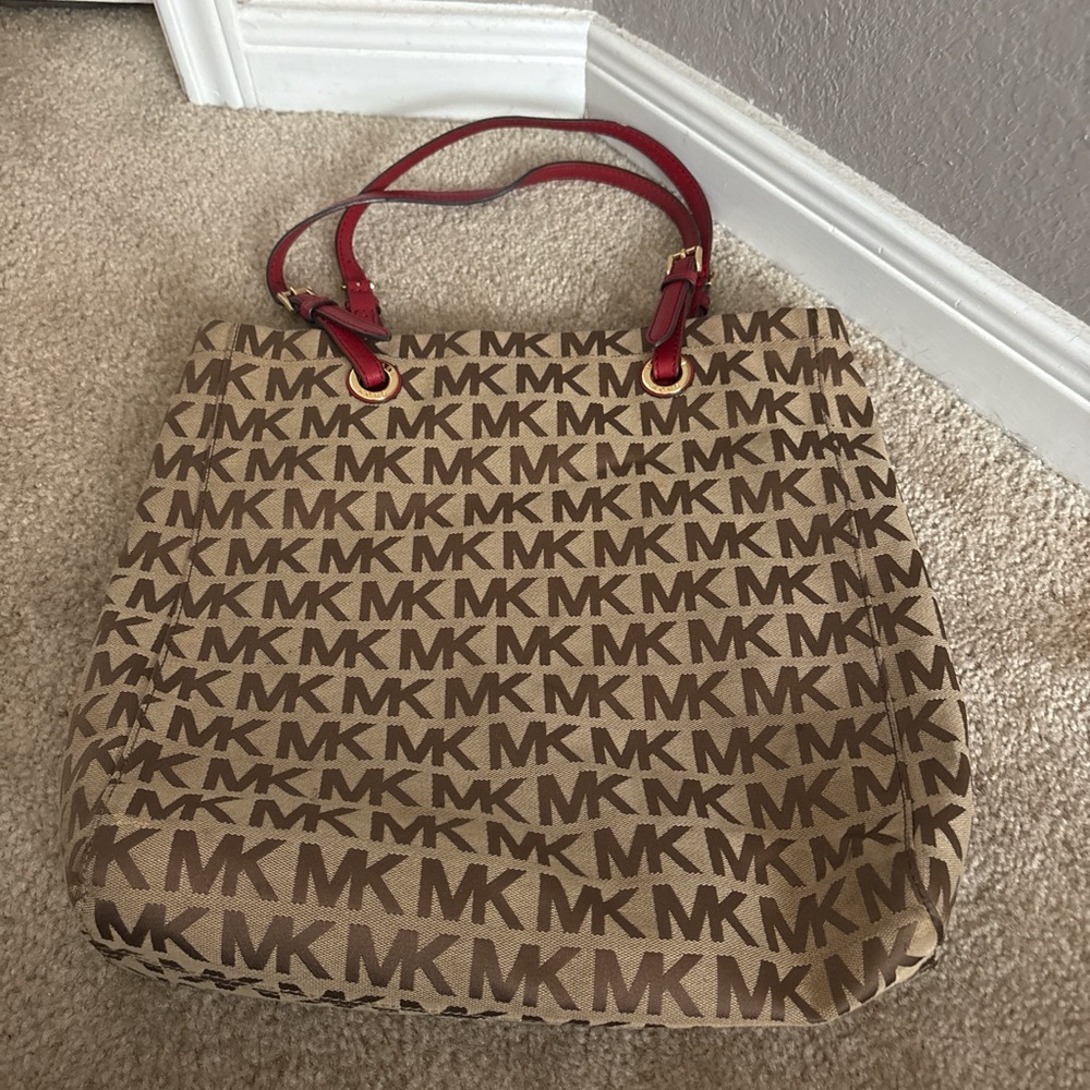 Michael Kors Tan and Red MK Tote